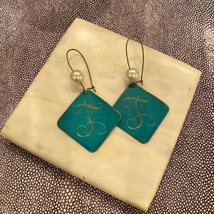 Turquoise and Pearl Gold Etched “T” Earrings